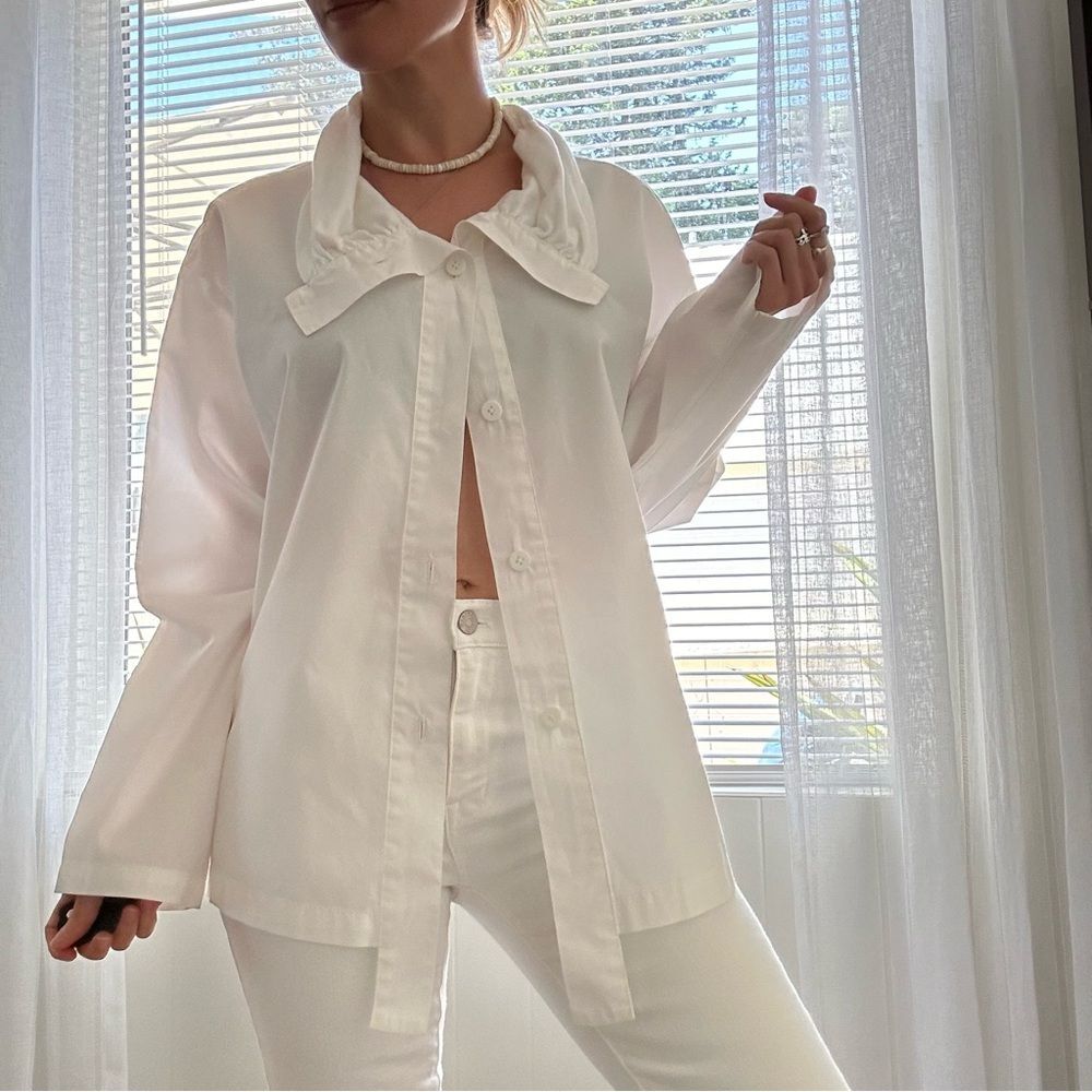 Xiaoyan Lin White Cotton Button Down Ruffle Shirt M Scandi Romantic French